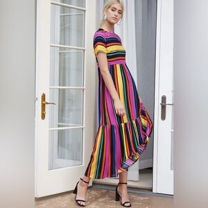 Forever 21 Short Sleeve Rainbow Stripes Maxi Dress Size Large Like New